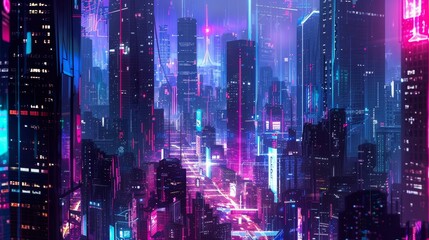 Poster - futuristic cyber cityscape futuristic and cyberpunk depiction cityscape with neon lights futuristic skyscrapers and bustling streets inspired cyberpunk aesthetics and dystop generated illustration