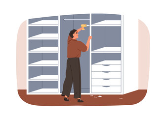 Poster - Assembling furniture, wardrobe. Worker installing closet in home interior. Installer fixing cloakroom shelves during installation, assembly. Flat vector illustration isolated on white background