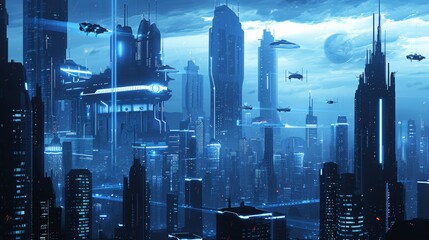 Poster - futuristic sci city futuristic and otherworldly depiction sci cityscape with towering skyscrapers flying vehicles and advanced technology inspired science fiction visi generated illustration