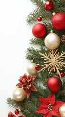 Wall Mural - Festive Christmas tree adorned with shimmering red and gold ornaments, delicate poinsettias, and a rustic straw star against a pristine white background.