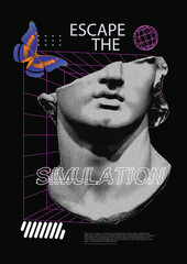 Poster escape the simulation, with butterfly image and a statue, abstract space