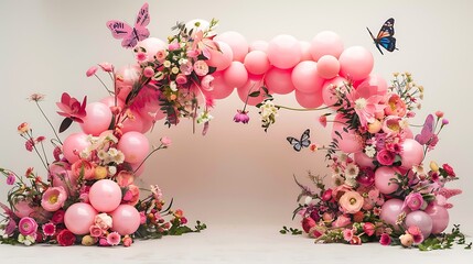 Poster - A pink balloon arch adorned with flowers and butterflies, creating a whimsical and elegant atmosphere, perfect for a celebration or event