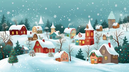 Poster - whimsical winter village whimsical and enchanting portrayal winter village scene with quaint cottages snowy landscapes and festive decorations evoking sense warmth and hol generated illustration