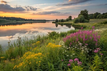 Wall Mural - Scenic Beauty of Jesie na Warmii: A Serene Lake with Lush Greenery and Vibrant Sunset Reflections Captured Using the Rule of Thirds for Perfect Composition in Nature Photography