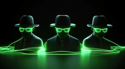 Poster - Three stylized figures in fedora hats and glowing green sunglasses, connected by a network of green light lines, set against a dark background, evoking a mysterious or secretive atmosphere