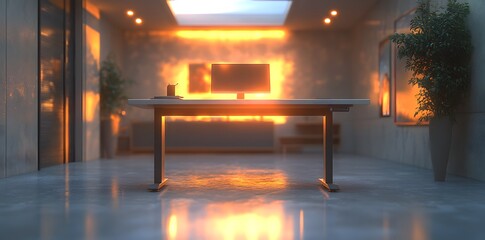 Poster - A modern office space illuminated by sunset, featuring a desk and computer setup.