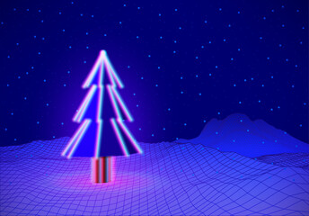 Aufkleber - Christmas tree with neon lights on blue 3D landscape, with copy space. Winter holidays greeting card, 80s club neon style