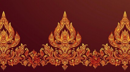 Poster - Vibrant Thai Flame Motif Pattern on Deep Maroon Background with Elegant Ornate Design