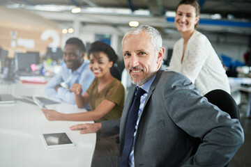 Poster - Portrait, smile and business people in office, cooperation and teamwork with news room. Face, group or employee with journalist, planning and editing with research for project and company website