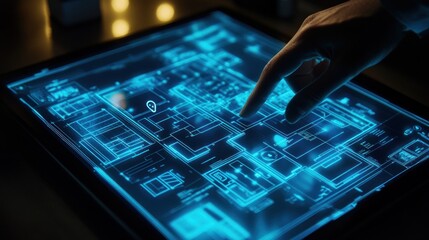 Poster - A hand interacts with a digital blueprint on a touchscreen interface.