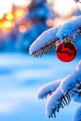 Wall Mural - A red ornament hanging from a tree branch covered in snow