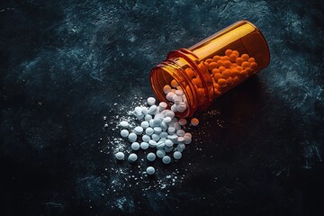 White medical pills or tablets with bottle on black background. Macro side view with copy space.
