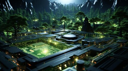 Canvas Print - A computerized city with a green forest in the background