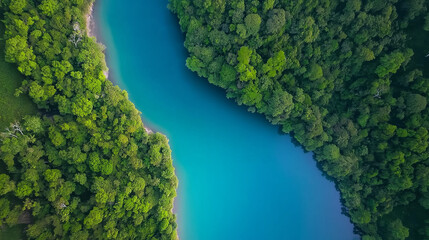 Poster - Aerial view of a winding river cutting through dense, lush green rainforest, showcasing untouched natural beauty and biodiversity.