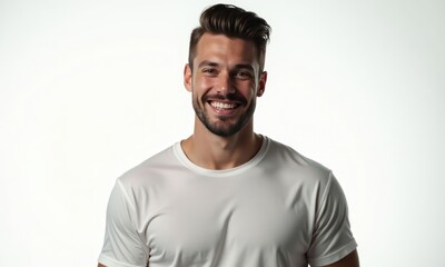 Brutal man in white T-shirt smiles and looks at the camera on white background. Concept of happiness and positivity