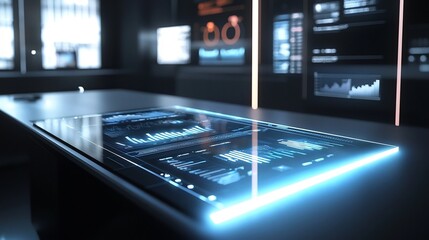 Poster - sleek futuristic holographic interface with floating interactive visualizations on minimalist desk