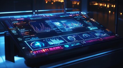 Poster - sleek futuristic holographic interface with glowing translucent controls and interactive data visual