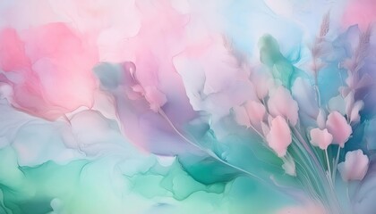 Poster - Dreamy Pastel Watercolor Background with Fluid Organic Shapes and Soft Feather Details, Perfect for Spa, Wellness, and Nature Inspired Designs or Spring Themed Web Banners and Print Materials