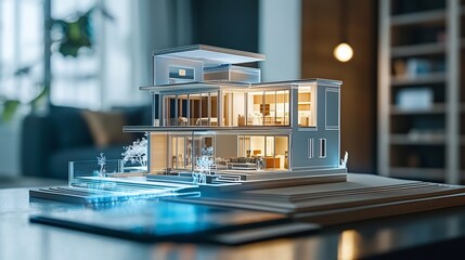 Poster - Holographic Real Estate Interface Showcasing 3D Property Models and Interactive Design Customization