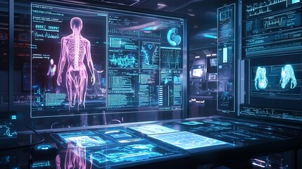 Poster - Futuristic Holographic Interface in Cutting Edge Healthcare Clinic Displaying Patient Data and Treatment Plans