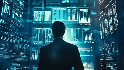 A businessman immersed in a world of information, symbolizing the growing reliance on data analysis and technology for success. Ideal for IT, innovation, and cybersecurity themes.