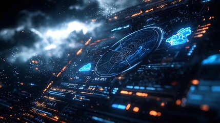 Poster - Futuristic Holographic Weather Interface with Dynamic 3D Meteorological Data Visualization