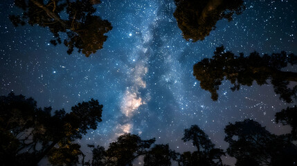 A Night Sky Filled with Stars and the Milky Way Galaxy Shining Brightly Above Silhouetted Trees