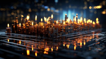 Canvas Print - A cityscape with many buildings lit up with candles