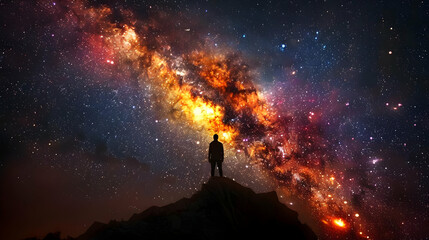 Wall Mural - A Solitary Figure Stands Silhouetted Against the Expansive Canvas of a Starry Night Sky, the Milky Way Galaxy Stretching Across the Horizon, a Symphony of Cosmic Brilliance and Wonder.