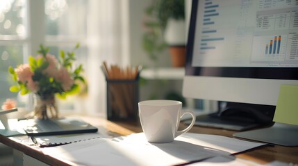 Aufkleber - Cozy Home Office Workspace with Morning Sunlight, Coffee Cup, Fresh Flowers, and Computer Screen Displaying Graphs and Charts for Productivity and Inspiration