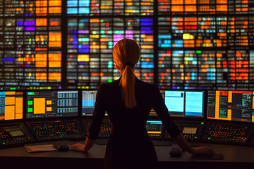 Wall Mural - a female it professional with their back to the viewer observing the large amount of computer monito