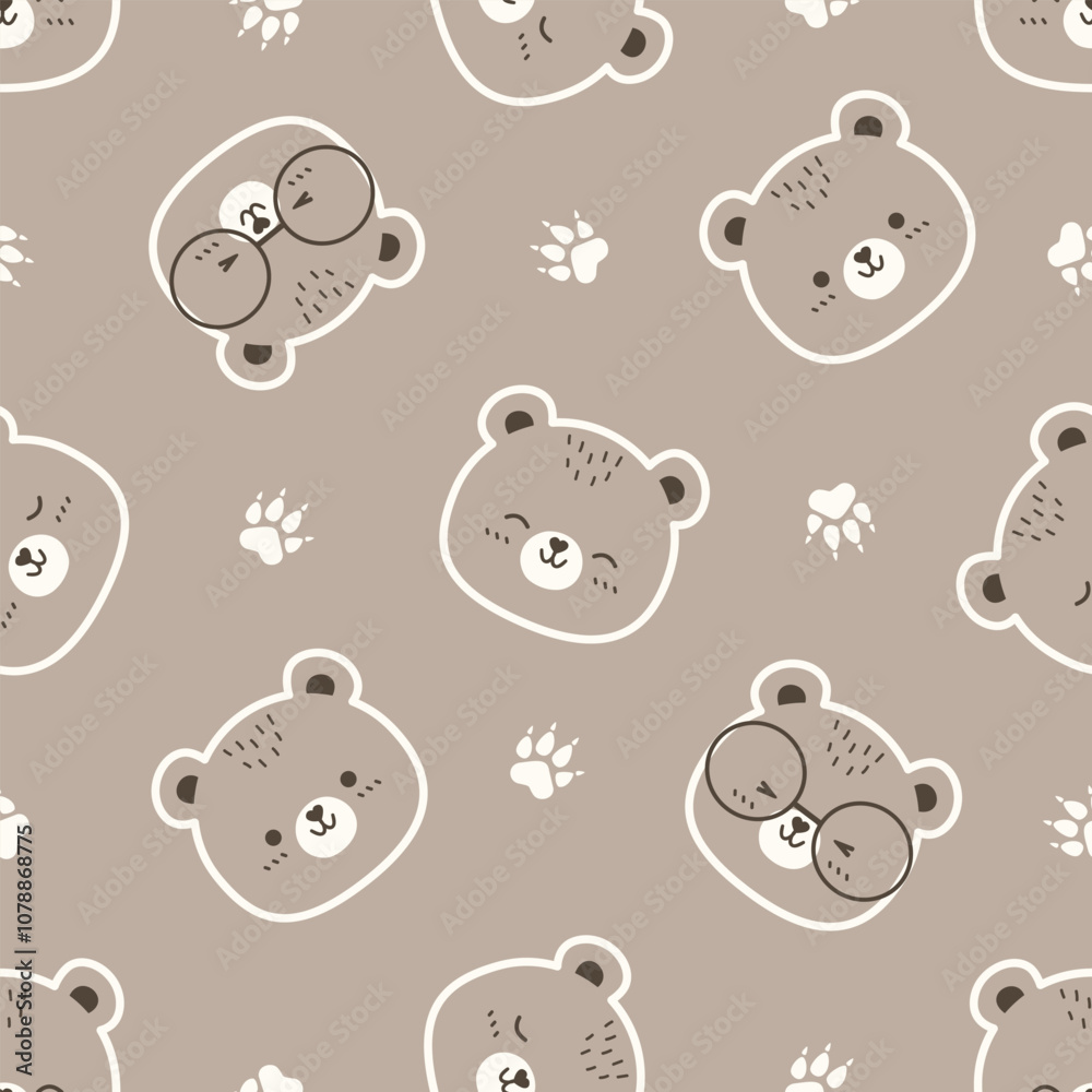 Hand drawn seamless pattern with Cute Bear and Paw. Childish Cartoon ...