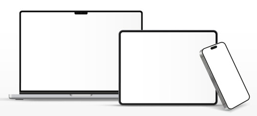 Aufkleber - Modern laptop mockup front view and high quality smartphone and tablet mockup isolated on white background. Notebook mockup and phone device mockup for ui ux app and website presentation.Stock Vector.
