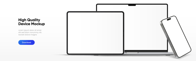 Leinwandbilder - Modern laptop mockup front view and high quality smartphone and tablet mockup isolated on white background. Notebook mockup and phone device mockup for ui ux app and website presentation.Stock Vector.