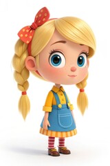 3d illustration of a happy cartoon girl with blonde braids, a red polka dot bow, and a blue and yellow attire