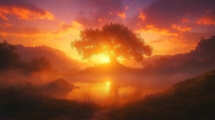 Wall Mural - A lone tree stands silhouetted against a fiery sunset over a misty lake.