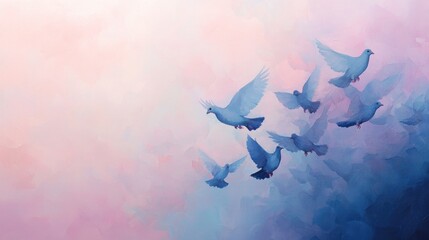 Poster - Serene Blue Doves Soaring Against a Soft Pastel Background, Capturing the Essence of Freedom and Tranquility in Artful Expression