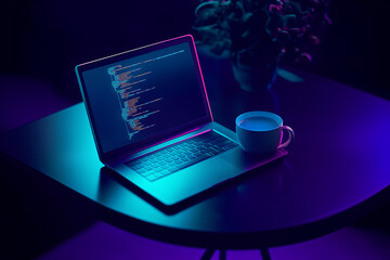 Laptop with code displayed on the table, with a coffee cup