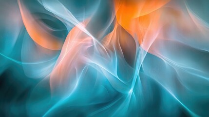 Poster - Ethereal Flow of Light and Color in Abstract Digital Artwork Captivating Soft Swirls and Waves in Blue, Orange, and Aqua Tones Creating a Dreamlike Atmosphere