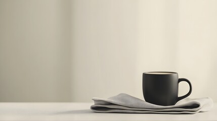 Poster - A neutral background with a black ceramic mug and a neatly folded napkin, creating a simple yet refined coffee setting. No text, no logo, wide angle shot, cinematic scene, 4k resolution