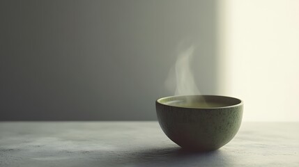 Poster - A single ceramic cup of green tea on a pale gray background, with gentle steam rising for a serene minimalist effect. No text, no logo, wide angle shot, cinematic scene, 4k resolution