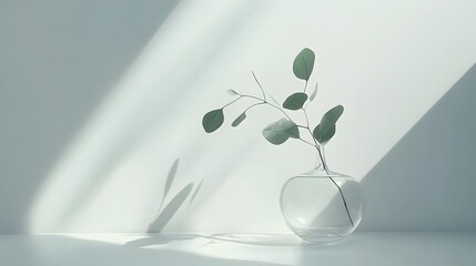 Poster - A glass vase with a single eucalyptus branch placed on a white background, capturing a calm, minimalist still life. No text, no logo, wide angle shot, cinematic scene, 4k resolution