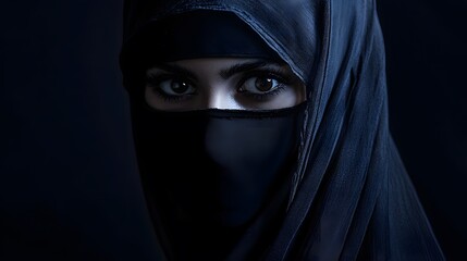 Poster - A high-contrast portrait of a woman wearing a veil, her face partially concealed in darkness with light only catching her eyes, creating a mysterious effect. No text, no logo, wide angle shot,