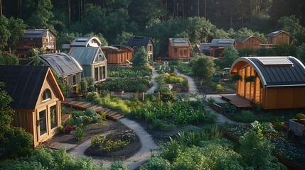 Poster - A community of eco-friendly tiny homes surrounded by a permaculture garden, with shared spaces for composting and rainwater collection. Cinematic Scene, 4k resolution, cinematic scene