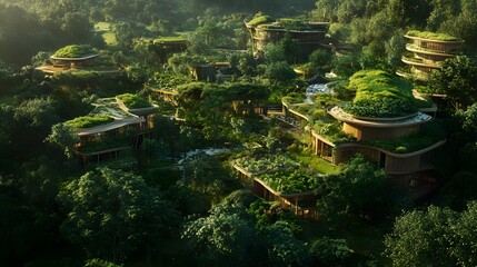 Poster - A bird s-eye view of a sustainable eco-village nestled in a forest, with gardens, green roofs, and rainwater collection systems visible. Cinematic Scene, 4k resolution, cinematic scene