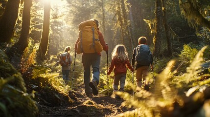 Poster - A dynamic shot of a family hiking through a dense forest, the sunlight filtering through the trees, with each family member at a different stage of the trail. Cinematic Scene, 4k resolution,