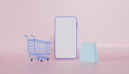 Wall Mural - Smartphone with Shopping Bags, empty shopping cart for order items from online concept