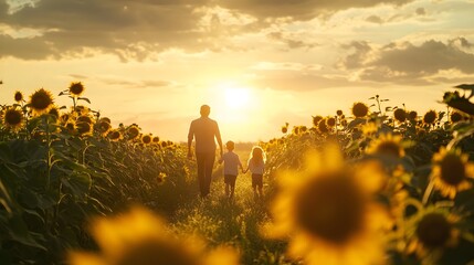 Poster - A family walking through a sunflower field at sunset, with the golden light creating a warm, nostalgic atmosphere as they enjoy the simple beauty of nature. Cinematic Scene, 4k resolution, cinematic
