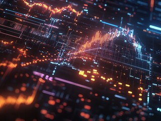 Poster - abstract representation of financial data and stock market trends with glowing graphs and futuristic