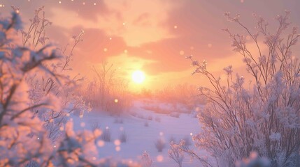 Wall Mural - Over a snow-covered field, a beautiful winter sunrise greets you
